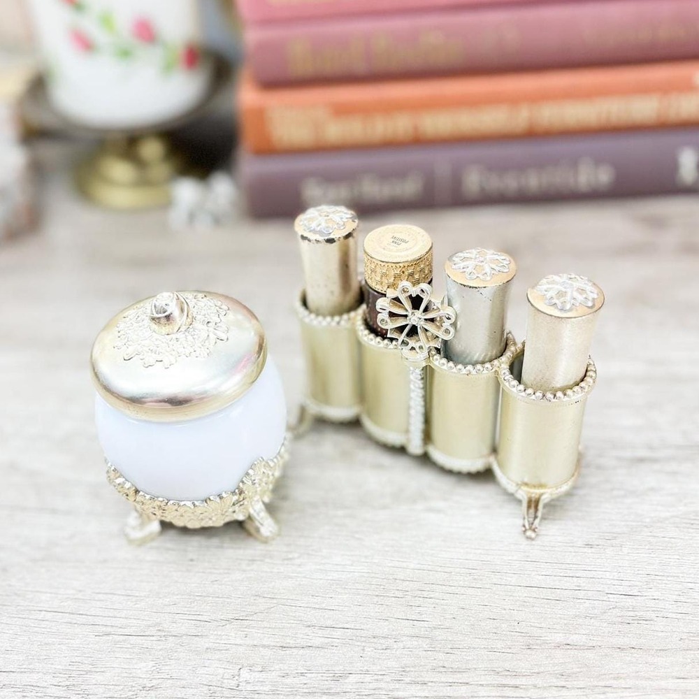 Vintage Vanity Glass‎ Powder Jar, Faux Brass Avon Lipstick Container